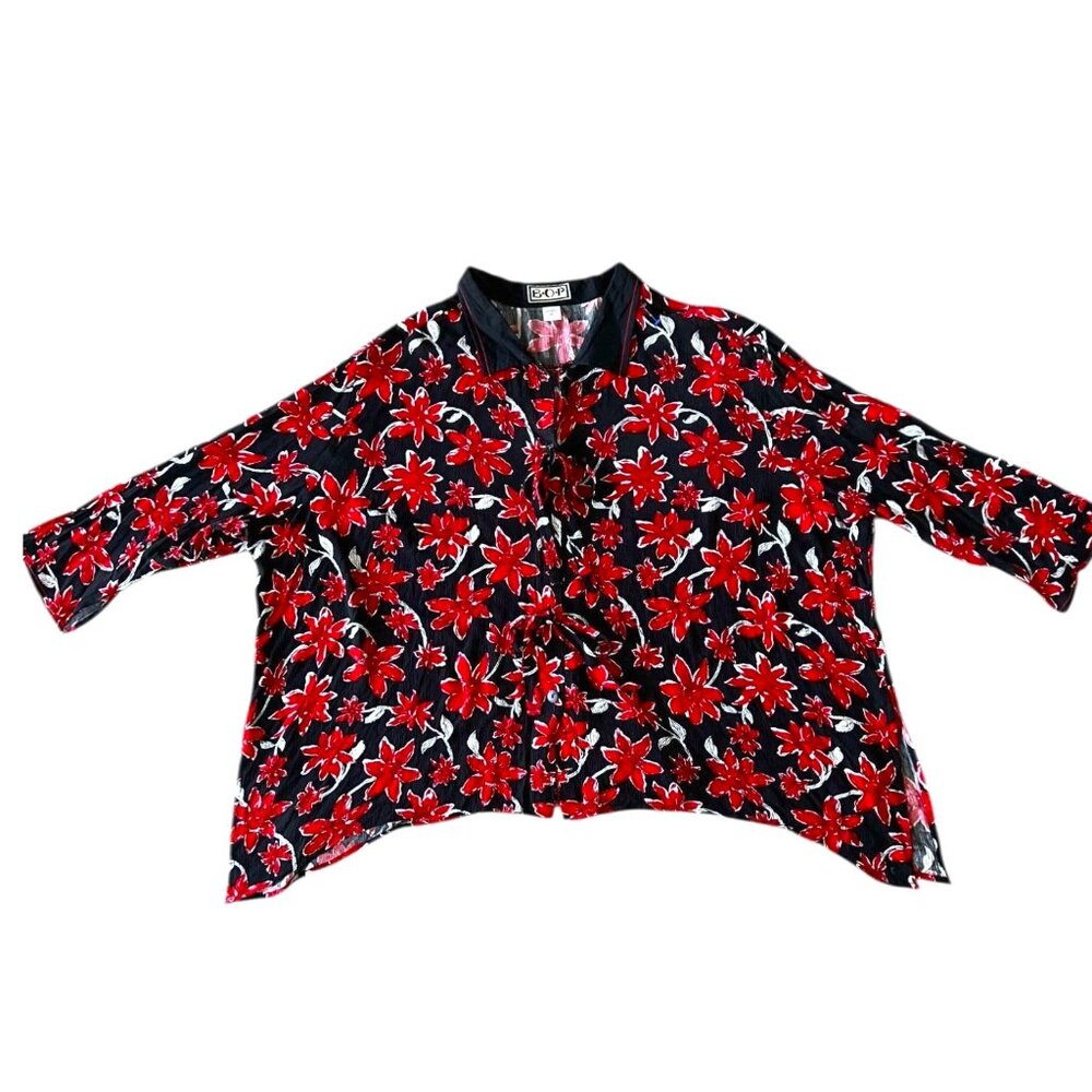 Bop Vintage Rayon Blouse Oversized Floral Print Tie Detail 3/4 Sleeves Size 3X